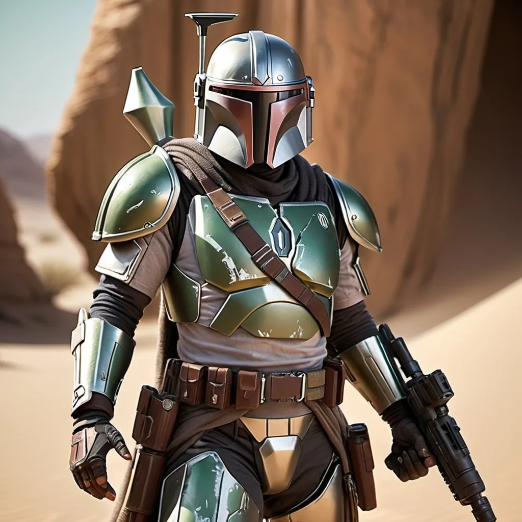 Prompt: Mandalorian siblings with sniper rifle and blaster pistols, Silver armor, minty green armor, olive armor, rugged and weathered armor, sandy desert planet, dynamic action pose, high quality, detailed 3D rendering, sci-fi, dusty tones, intense sunlight, intricate armor details, intense and focused gaze, cool metallic sheen, best quality, ultra-detailed, action-packed, sci-fi, weathered armor, dynamic pose, desert planet, intense sunlight, dusty tones