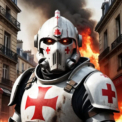 Prompt: Templar in power armour,  fps, knight face mask, red cross on chest, background paris on fire