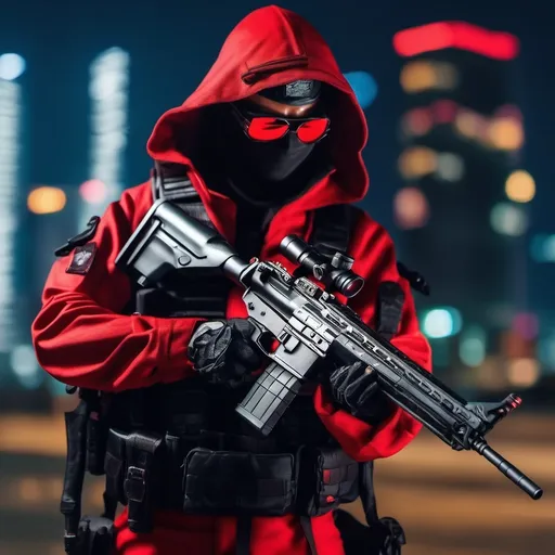 Prompt: A ultra realistic Tactical Red Ninja at the city at night, complex build, his name is kai a tactical leather uniform, Wearing a tactical Shades Eyeglasses, holding Sniper rifle, realistic photography