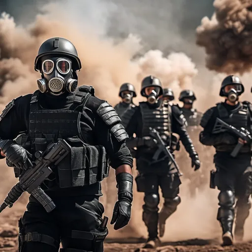 Prompt: Several modern roman military male in black military roman armor, and gas mask, background tel aviv on chaos, Hyperrealistic, sharp focus, Professional, UHD, HDR, 8K, Render, electronic, dramatic, vivid, pressure, stress, traumatic, dark.