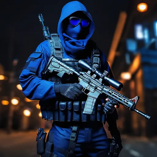 Prompt: A ultra realistic Tactical Blue Ninja at night, his name is Jay, complex build, a tactical leather uniform, tactical eyeglasses, holding a Sniper rifle, realistic photography