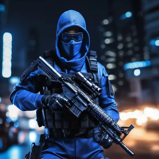 Prompt: A ultra realistic Tactical Blue Ninja at night, his name is Jay, complex build, a tactical leather uniform, tactical eyeglasses, holding a Assault rifle, realistic photography