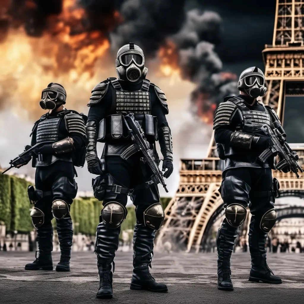 Prompt: Several modern roman military male in black military roman armor, and gas mask, background ruined paris, Hyperrealistic, sharp focus, Professional, UHD, HDR, 8K, Render, electronic, dramatic, vivid, pressure, stress, traumatic, dark.