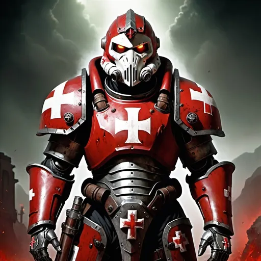 Prompt: Templar in power armour,  fps, knight face mask, red cross on chest, doom and 40 K theme