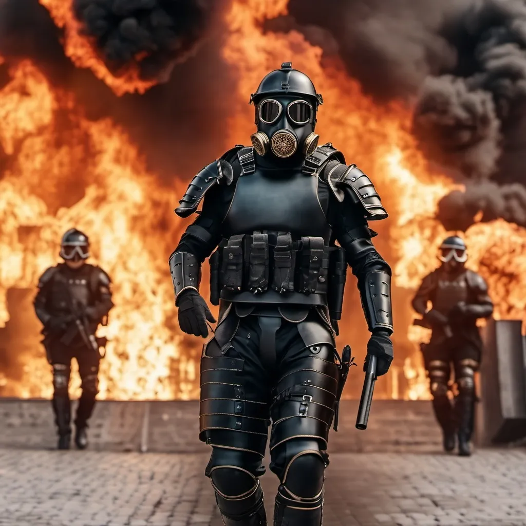 Prompt: Several modern roman military male in black military roman armor, and gas mask, background paris on fire, Hyperrealistic, sharp focus, Professional, UHD, HDR, 8K, Render, electronic, dramatic, vivid, pressure, stress, traumatic, dark.