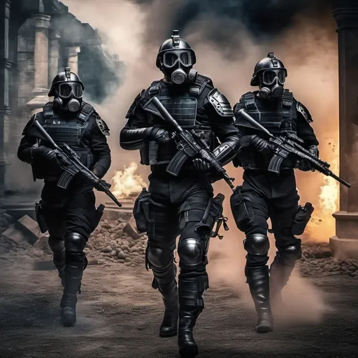 Prompt: Several modern roman military male in black military roman armor, and gas mask, background dark building, Hyperrealistic, sharp focus, Professional, UHD, HDR, 8K, Render, electronic, dramatic, vivid, pressure, stress, traumatic, dark.