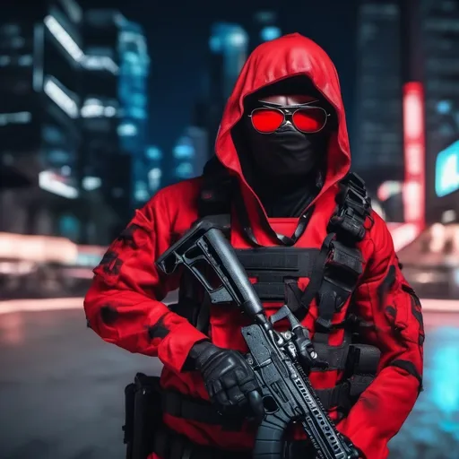 Prompt: A ultra realistic Tactical Red Ninja at the city at night, complex build, his name is kai a tactical leather uniform, Wearing a tactical Shades Eyeglasses, holding Assault rifle, realistic photography