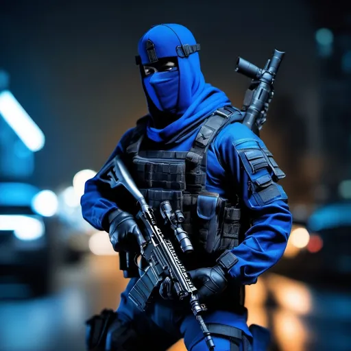 Prompt: A ultra realistic Tactical Blue Ninja at night, complex build, a tired leather uniform, holding a Assault rifle, realistic photography