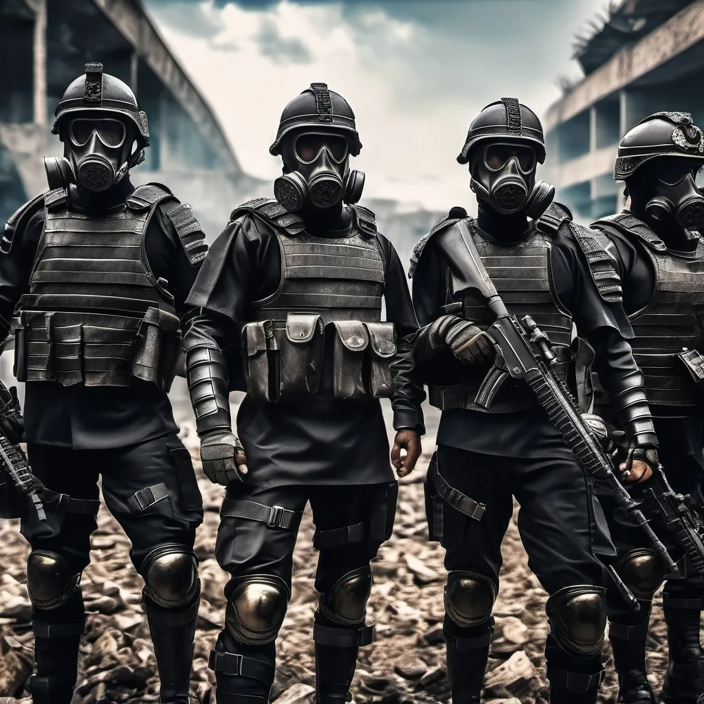 Prompt: Several modern roman military male in black military roman armor, and gas mask, background ruined jakarta, Hyperrealistic, sharp focus, Professional, UHD, HDR, 8K, Render, electronic, dramatic, vivid, pressure, stress, traumatic, dark.