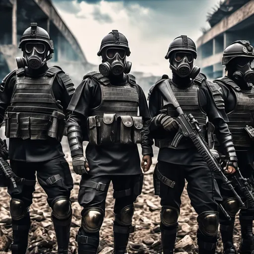 Prompt: Several modern roman military male in black military roman armor, and gas mask, background ruined jakarta, Hyperrealistic, sharp focus, Professional, UHD, HDR, 8K, Render, electronic, dramatic, vivid, pressure, stress, traumatic, dark.