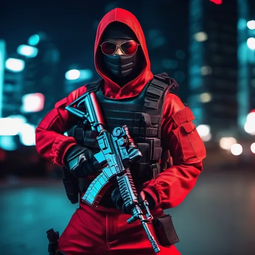 Prompt: A ultra realistic Tactical Red Ninja at the city at night, complex build, his name is kai a tactical leather uniform, Wearing a tactical Shades Eyeglasses, holding a Assault rifle, realistic photography