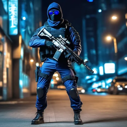 Prompt: A ultra realistic Tactical Blue Ninja at the city at night, complex build, his name is Jay walker, a tactical leather uniform, Wearing a tactical Shades Eyeglasses, holding Assault rifle, realistic photography