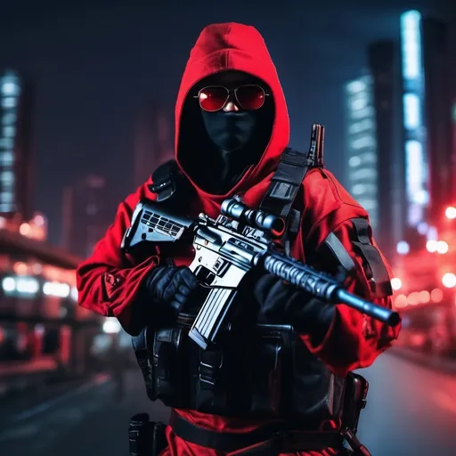 Prompt: A ultra realistic Tactical Red Ninja at the city at night, complex build, his name is Kai, a tactical leather uniform, Wearing a tactical Shades Eyeglasses, holding Assault rifle, realistic photography