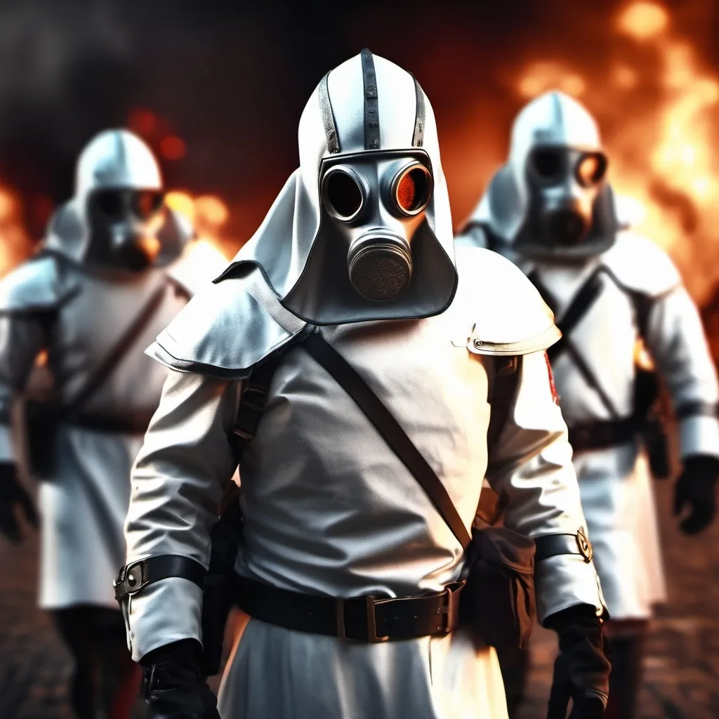 Prompt: Several modern templar military male in white military templar crusader armor, and gas mask, background paris on fire at night, Hyperrealistic, sharp focus, Professional, UHD, HDR, 8K, Render, electronic, dramatic, vivid, pressure, stress, traumatic, dark.


