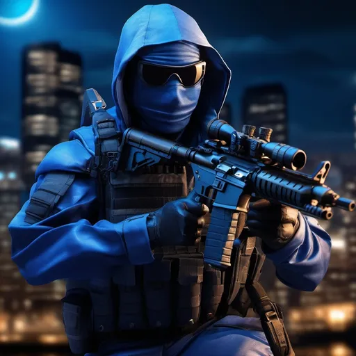 Prompt: A ultra realistic Tactical Blue Ninja at night, his name is Jay walker, complex build, a tactical leather uniform, tactical eyeglasses, holding a Sniper rifle, Doing Something good, realistic photography