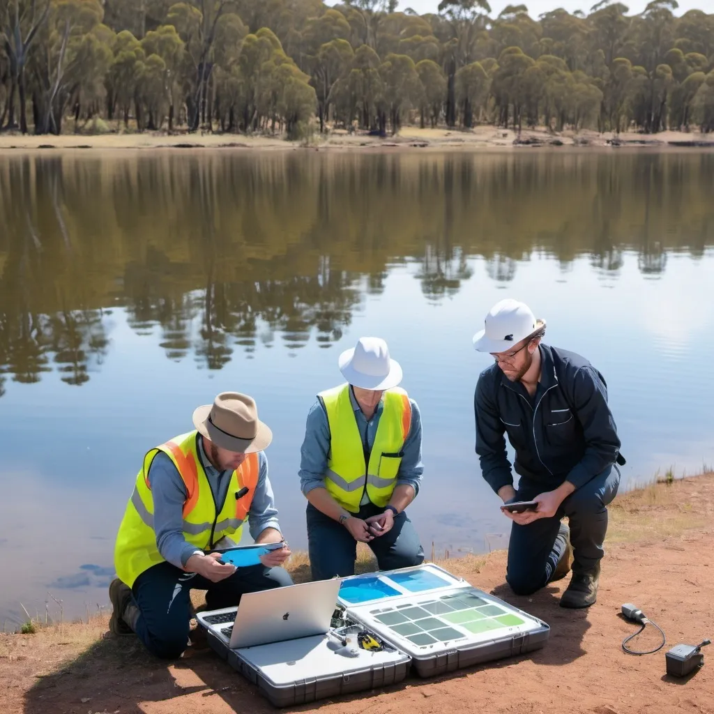 Prompt: A group of water quality scientists looking at a lake with monitoring equipment and floatation vests and hats in Australian setting with using probe and laptop and drone and insert graph