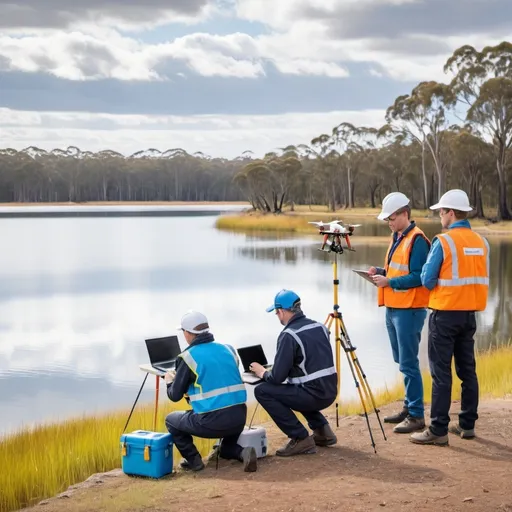 Prompt: A group of water quality scientists looking at a lake with monitoring equipment and safety vests in Australian setting with using probe and laptop and drone 