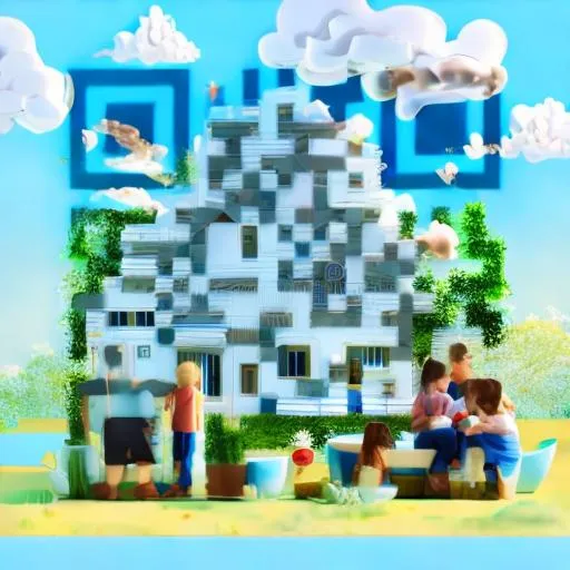 Prompt: blue sky with sun and a little cloudy, green and white cooking building, happy family in the foreground (3D illustration)