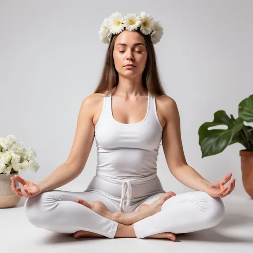 Prompt: una mujer sentada en forma de meditacion ropa blanca con flores el cabello suelto y las manos en la altura de su utero