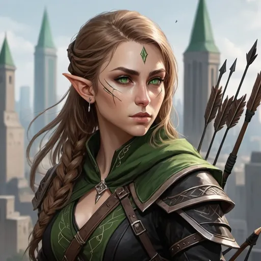 Prompt: A female elf rogue assassin. She is tall and has light brown hair and green eyes. She wears black religious clothing. She has a quiver of arrows and a longbow on her back. She looks over a city. She is reserved and modest.