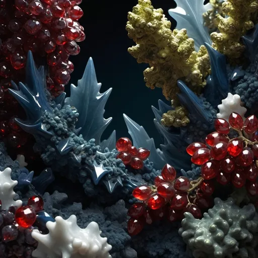 Prompt: High gloss, Prussian blue crystals in foreground, blood red gems in background, chiaroscuro, fractal, romanesco, Phi ratio,  
Golden mean, lichen, moss, pure white mineral deposits, translucent grape vines