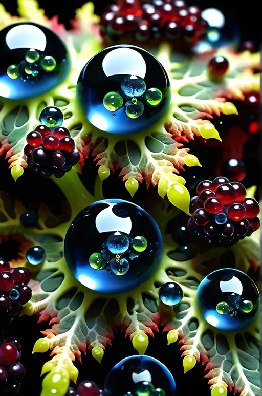 Prompt: High gloss, Prussian blue fractals throughout foreground, deep blood red crystals, high voltage lightning orbs across the background, chiaroscuro, high contrast lighting, fractal, romanesco, Phi ratio, fluorescent lime caviar,
Golden mean, lichen, forest green moss, assorted sizes of translucent berries, very large sunshine dew drops. 