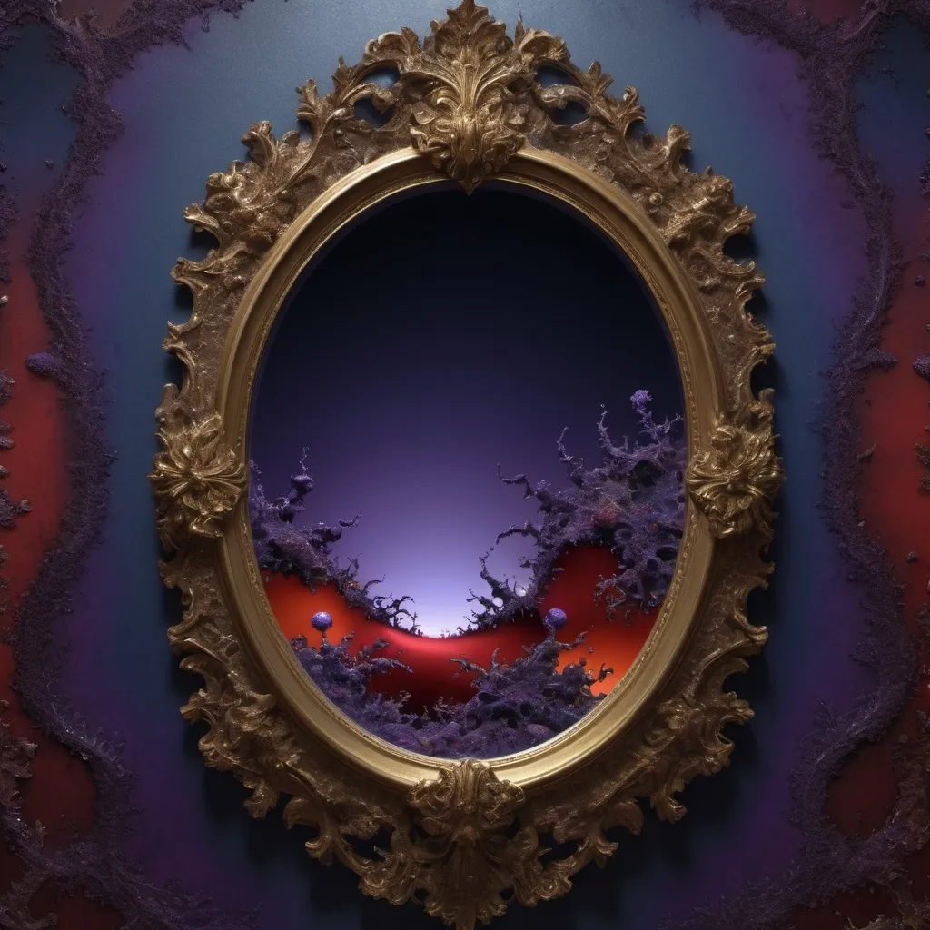 Prompt: High gloss, mirror finish, dark royal purple and Prussian blue foreground, warm blood red and ochre background, chiaroscuro, fractal, romanesco, Phi ratio,  
Golden mean, lichen, moss, glistening pure white dew drops, glowing vapor, 3:1 ghosts