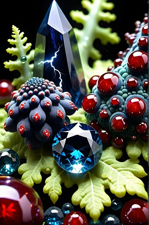 Prompt: High gloss, Prussian blue gemstones throughout foreground, deep blood red crystals, multiple high voltage lightning orbs across the background, chiaroscuro, high contrast lighting, fractal, romanesco, Phi ratio, fluorescent lime caviar,
Golden mean, lichen, forest green moss, glistening translucent berries, sunshine dew drops. 