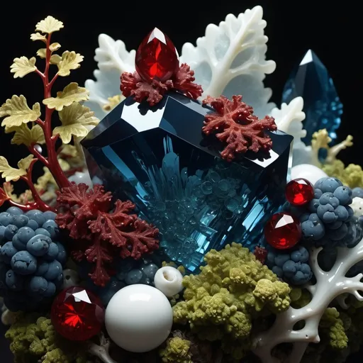 Prompt: High gloss, Prussian blue crystals in foreground, blood red gems in background, chiaroscuro, fractal, romanesco, Phi ratio,  
Golden mean, lichen, moss, pure white mineral deposits, translucent grape vines