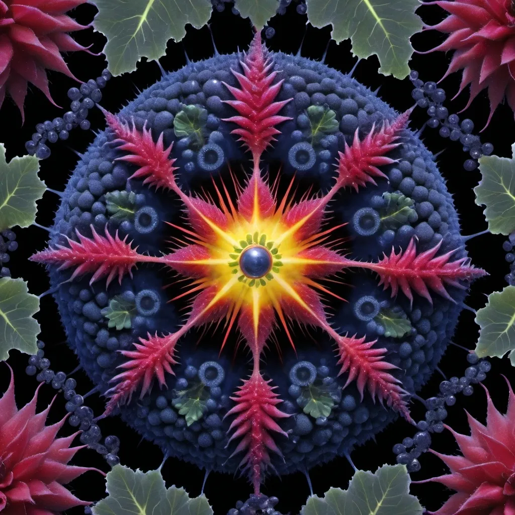 Prompt: Mercury background 
Chiaroscuro askew
Ferrofluid radish
kaleidoscope crystals
Ultraviolet lightning explosions
Romanesco 
Vines
Tendrils
Squash
Prussian blue landscapes
Leafy greens
Electricity storm
Dark blood streams
Milk melons
Triangle ochre 
Ruby sunshine
Shrubbery and tendrils
Morning dew drops
Translucent sedum
Sacred geometry 
Mandlebrot sets
Ivy
Electrochemical explosions