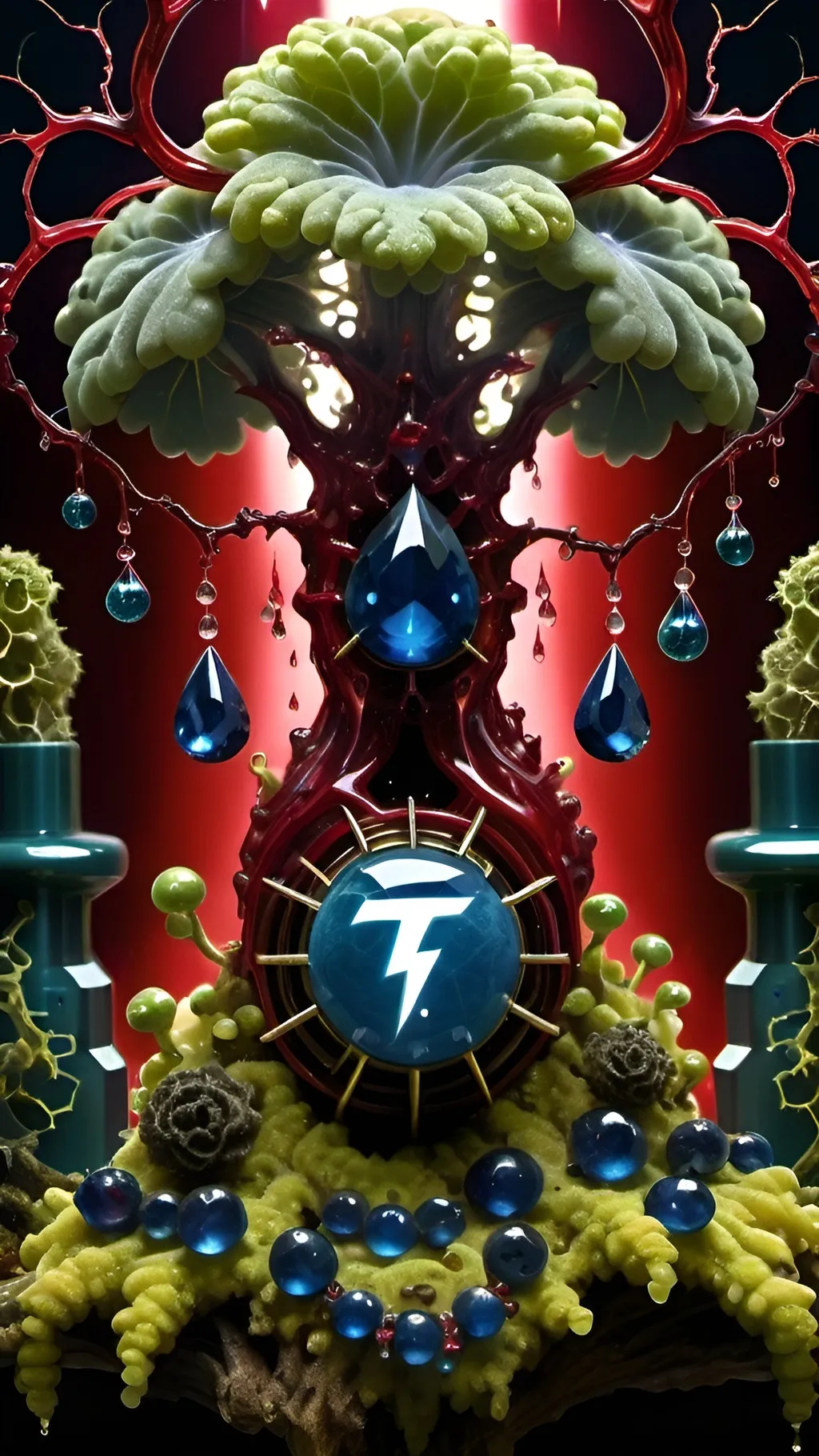 Prompt: High gloss, Prussian blue gemstones throughout foreground, deep blood red crystals, multiple high voltage Tesla coils across the background, chiaroscuro, high contrast ghost figures, fractal, romanesco, Phi ratio,  
Golden mean, lichen, forest green moss, glistening translucent berries, sunshine dew drops. 