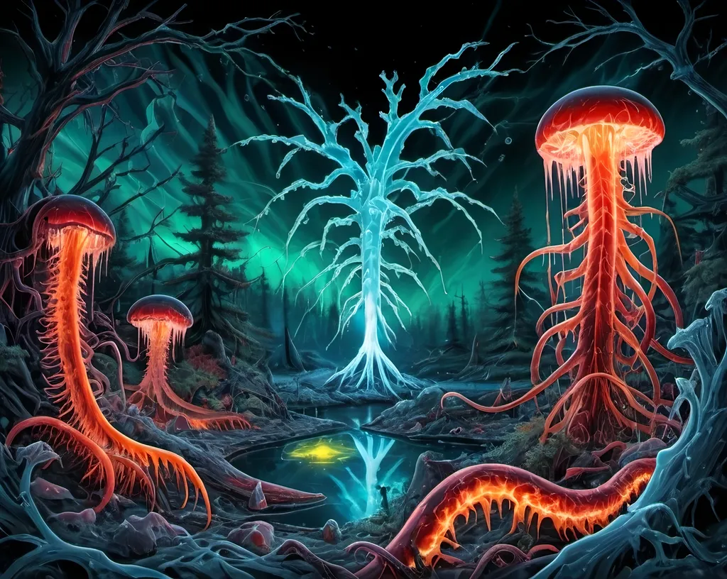 Prompt: Phi ratio, Chiaroscuro, x-rays, Mercury pool background, Minerals glowing, Ice crystals, carnivore bones, high voltage Tesla lightning, Frost, Iridescent streams in background, Black light, fluorescent electric Tentacles, Prussian blue foreground, deep forest green, Ochre and blood background, Electrical Storm, High gloss, Sunshine dew drops, violent chemical reactions