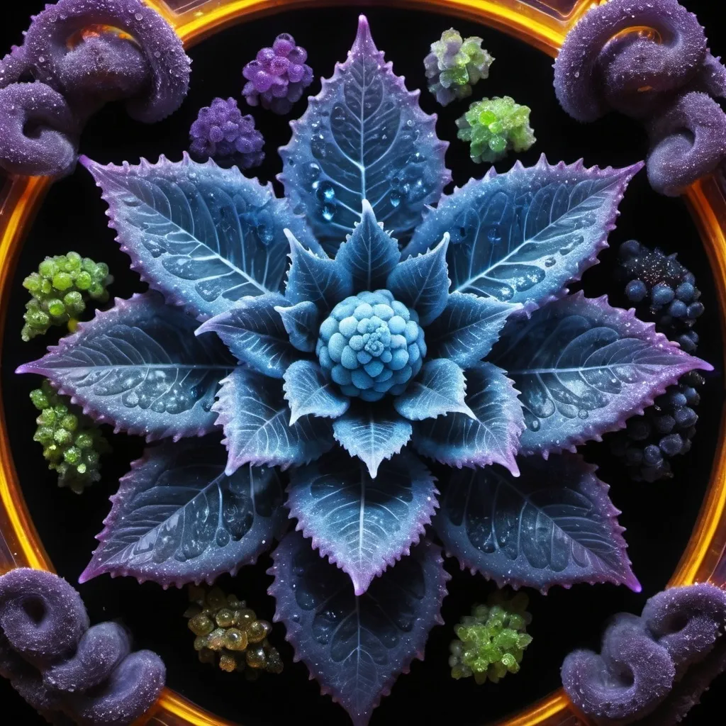 Prompt: Phi, Chiaroscuro, Mercury pool background, Minerals glowing, Ice crystals, high voltage lightning, Taxidermy, Organ, Frost, Iridescent, Romanesco, Black light, fluorescent electric rainbow, Tentacles, Prussian blue, Ochre, Electrical Storm, High gloss, Translucent fruit and berry cells, Sunshine dew drops, Sacred geometry, Ivy, violent chemical reactions