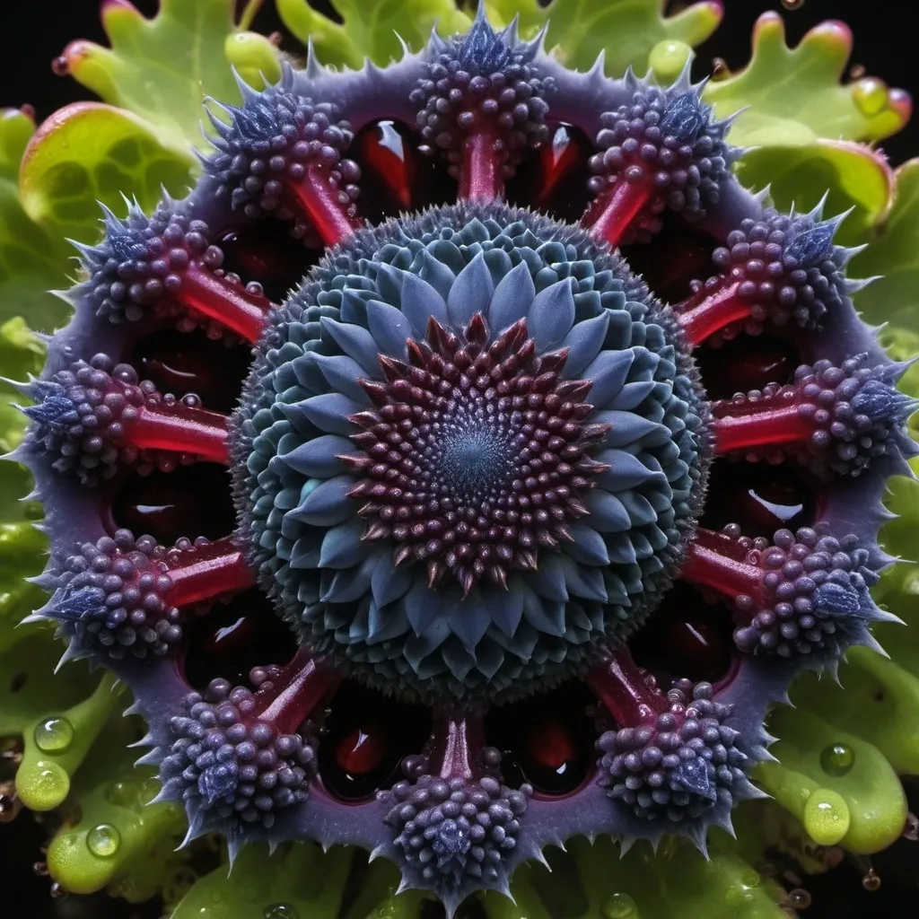 Prompt: Mercury droplets 
Chiaroscuro 
Ferrofluid kaleidoscope 
Ultraviolet Romanesco 
Prussian blue landscapes
Leafy greens
Electricity storm
Dark blood streams
Milk melons
Triangle ochre 
Ruby sunshine
Shrubbery and tendrils
Morning dew drops
Translucent sedum
Sacred geometry 
Mandlebrot sets
Ivy
Electrochemical explosions