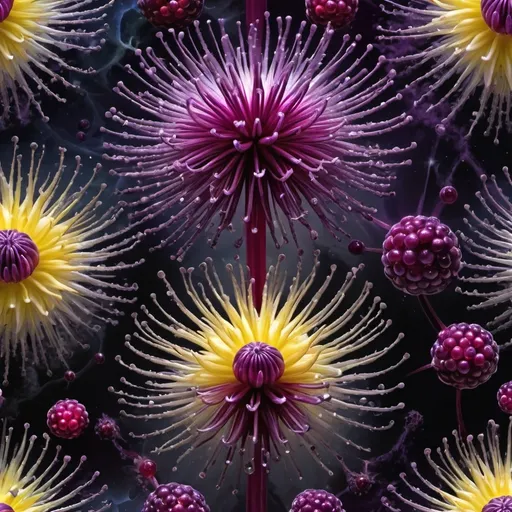 Prompt: Mercury berries
Strobe light
Allium 
Ultraviolet electrical storm 
Ferrofluid 
Stream of Moonbeams
Multicolored Mandelbrot set
White and yellow Star light nebula 
Plant tendril’s 
Ruby 
Snow drifts 
Chiaroscuro 
Sacred geometry 
Translucent Grapevines