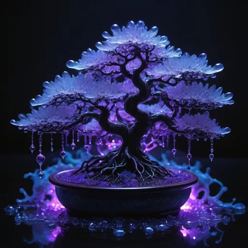 Prompt: Electrochemical dew drops
Botanical bonsai 
opal flashbangs
Black light Ultraviolet 
High voltage storm 
Ferrofluid Moonbeams
Fluorescent Mandelbrot
Star light sapphire nebula 
Plant tendril’s 
Lake ice 
Chiaroscuro 
Sacred geometry 
Translucent Grapevines