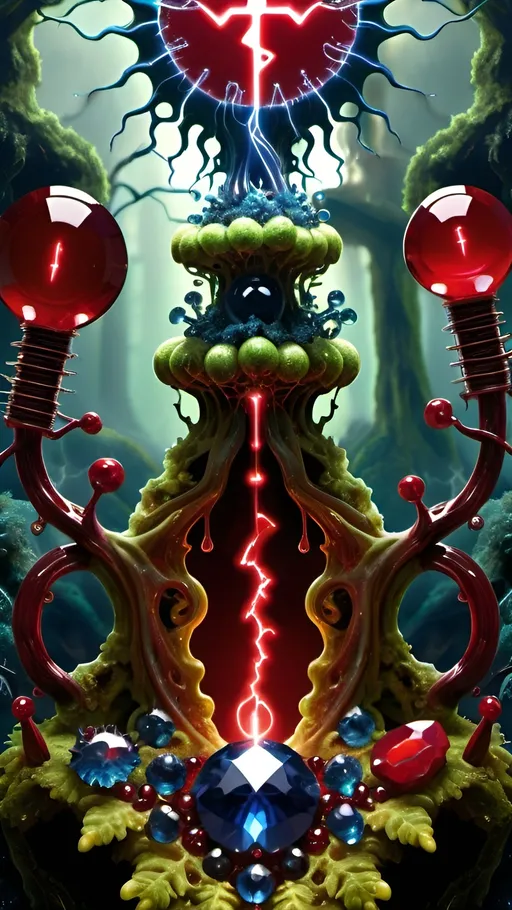 Prompt: High gloss, Prussian blue gemstones throughout foreground, deep blood red crystals, multiple high voltage Tesla coils across the background, chiaroscuro, high contrast ghost figures, fractal, romanesco, Phi ratio,  
Golden mean, lichen, forest green moss, glistening translucent berries, sunshine dew drops. 