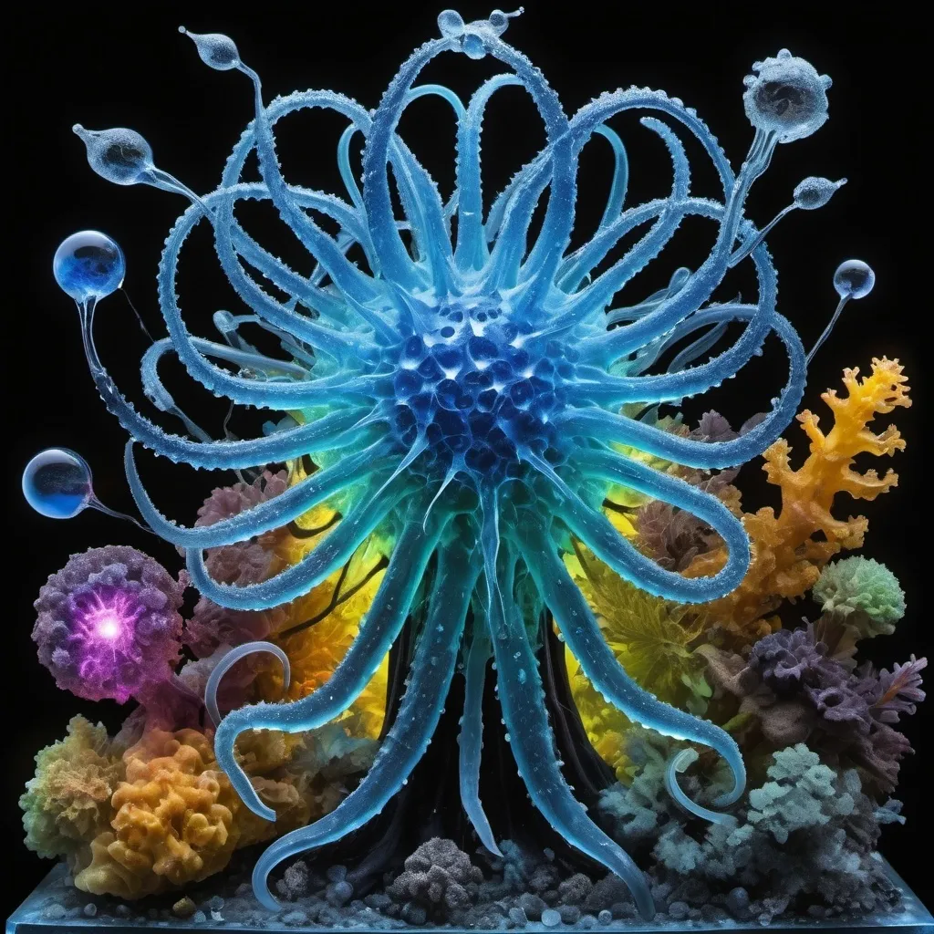 Prompt: Phi, Chiaroscuro, x-rays, Mercury pool background, Minerals glowing, Ice crystals, cilia, high voltage lightning, Taxidermy, Organ, Frost, Iridescent streams, Romanesco, Black light, fluorescent electric rainbow, Tentacles, Prussian blue, Ochre, Electrical Storm, High gloss, Translucent plant cells, Sunshine dew drops, Sacred geometry, violent chemical reactions