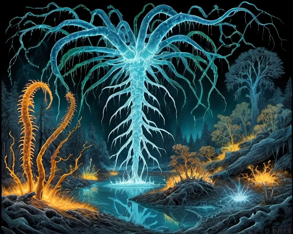 Prompt: Phi ratio, Chiaroscuro, x-rays, Mercury pool background, Minerals glowing, Ice crystals, carnivore bones, high voltage Tesla lightning, Frost, Iridescent streams in background, Black light, fluorescent electric Tentacles, Prussian blue, forest green, Ochre, Electrical Storm, High gloss, Sunshine dew drops, violent chemical reactions