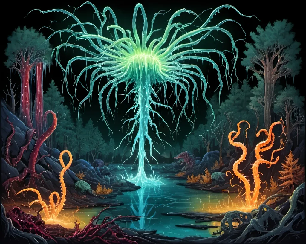 Prompt: Phi ratio, Chiaroscuro, x-rays, Mercury pool background, Minerals glowing, Ice crystals, carnivore bones, high voltage Tesla lightning, Frost, Iridescent streams in background, Black light, fluorescent electric Tentacles, dark Prussian blue foreground, forest green, Ochre and Blood background, Electrical Storm, High gloss, Sunshine dew drops, violent chemical reactions