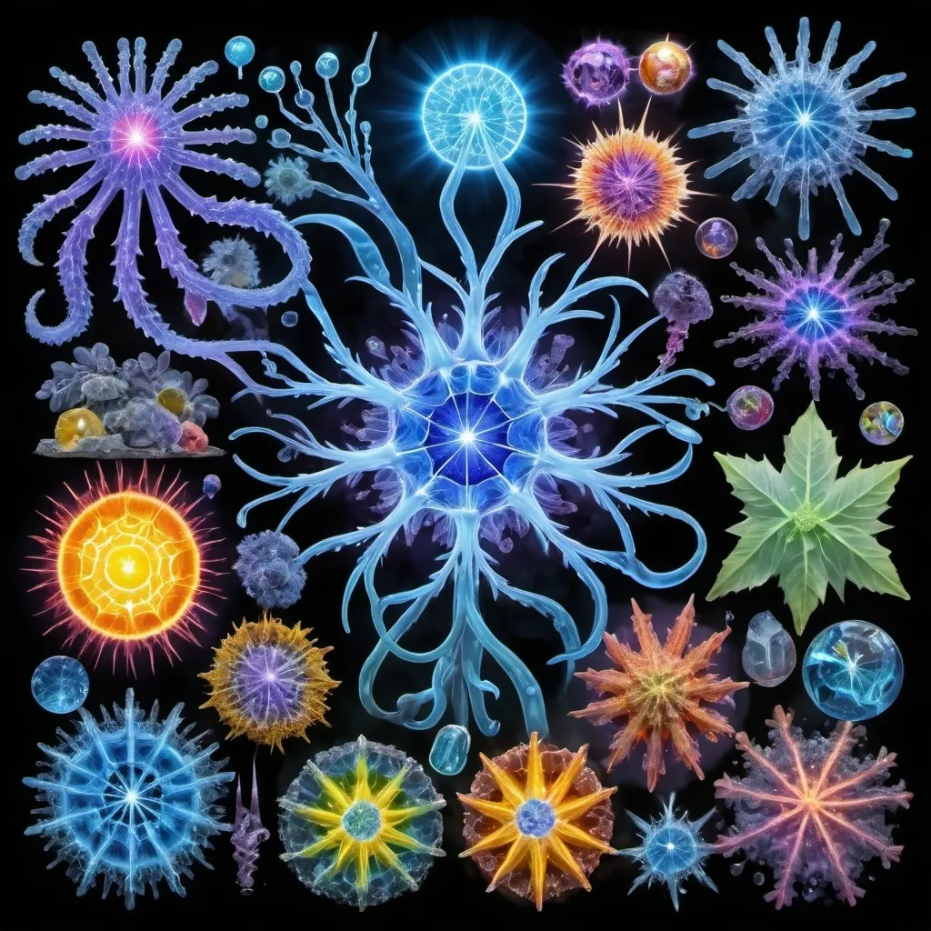 Prompt: Phi ratio, Chiaroscuro, x-rays, Mercury pool background, Minerals glowing, Ice crystals, cilia, ganglion, high voltage Tesla lightning, Frost, Iridescent streams, Romanesco, Black light, fluorescent electric rainbow, Tentacles, Prussian blue, Ochre, Electrical Storm, High gloss, Sunshine dew drops, Sacred geometry, violent chemical reactions