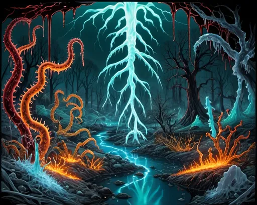 Prompt: Phi ratio, Chiaroscuro, x-rays, Mercury pool background, Minerals glowing, Ice crystals, carnivore bones, high voltage Tesla lightning, Frost, Iridescent streams in background, Black light, fluorescent electric Tentacles, Prussian blue foreground, deep forest green, Ochre and blood background, Electrical Storm, High gloss, Sunshine dew drops, violent chemical reactions