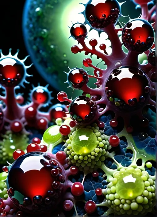 Prompt: High gloss, Prussian blue fractals throughout foreground, deep blood red crystals, high voltage lightning orbs across the background, chiaroscuro, high contrast lighting, fractal, romanesco, Phi ratio, fluorescent lime caviar,
Golden mean, lichen, forest green moss, assorted sizes of translucent berries, very large sunshine dew drops. 