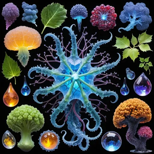 Prompt: Phi, Chiaroscuro, x-rays, Mercury pool background, Minerals glowing, Ice crystals, high voltage lightning, Taxidermy, Organ, Frost, Iridescent, Romanesco, Black light, fluorescent electric rainbow, Tentacles, Prussian blue, Ochre, Electrical Storm, High gloss, Translucent fruit and berry cells, Sunshine dew drops, Sacred geometry, Ivy, violent chemical reactions