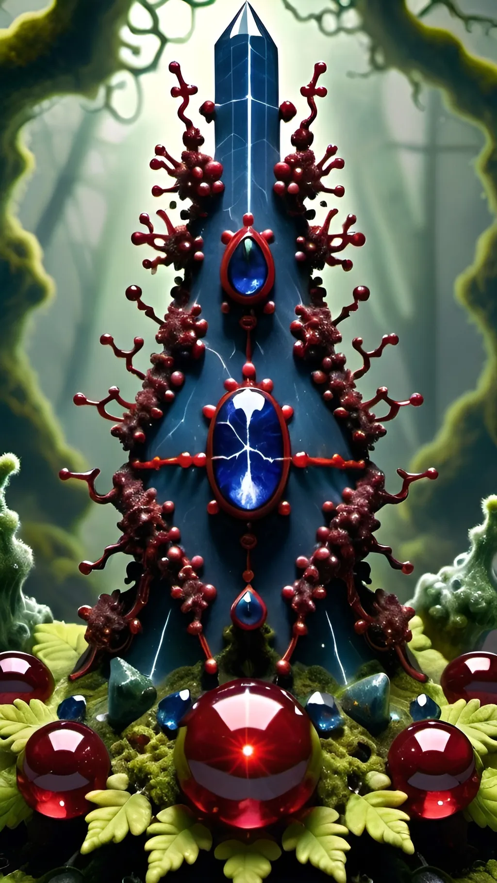 Prompt: High gloss, Prussian blue gemstones throughout foreground, deep blood red crystals, multiple high voltage Tesla coils across the background, chiaroscuro, high contrast ghost figures, fractal, romanesco, Phi ratio,  
Golden mean, lichen, forest green moss, glistening translucent berries, sunshine dew drops. 