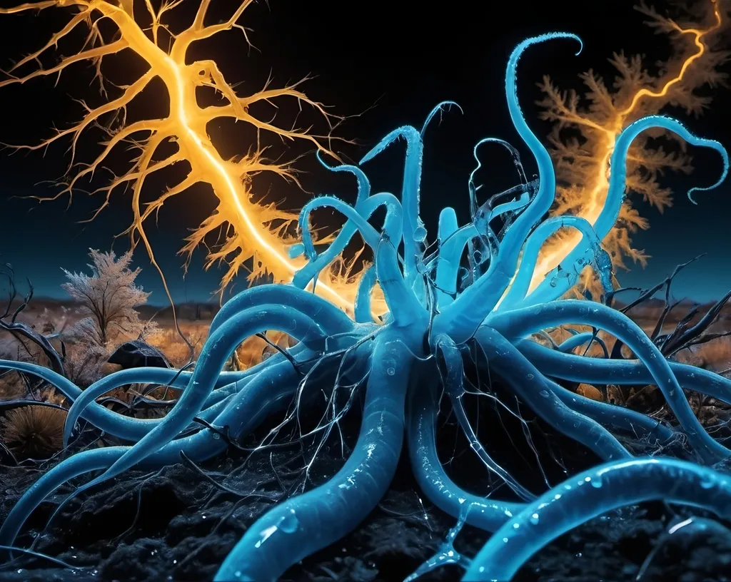 Prompt: Phi ratio, Chiaroscuro, x-rays, Mercury pool background, Minerals glowing, Ice crystals, carnivore bones, high voltage Tesla lightning, Frost, Iridescent streams in background, Black light, fluorescent electric Tentacles, Prussian blue, Ochre, Electrical Storm, High gloss, Sunshine dew drops, violent chemical reactions