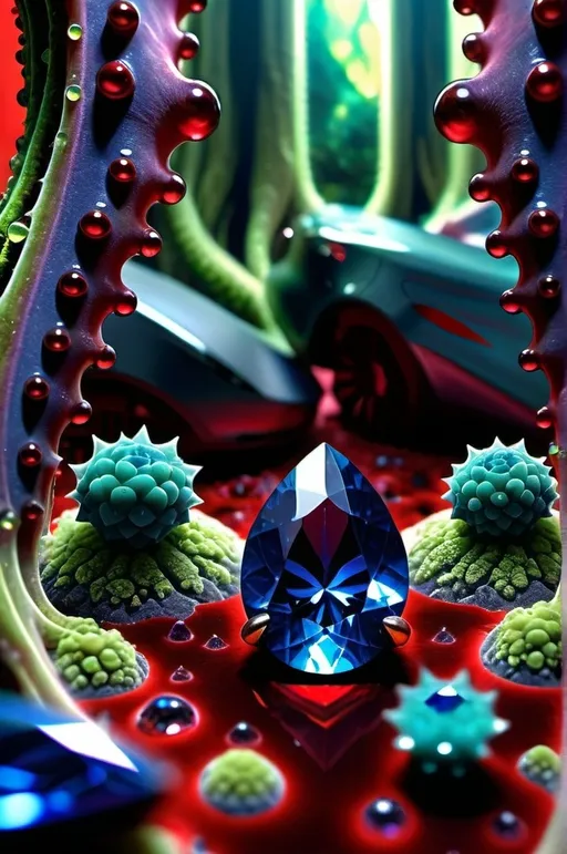 Prompt: High gloss, Prussian blue gemstones throughout foreground, deep blood red crystals, multiple high voltage Tesla coils across the background, chiaroscuro, high contrast ghost figures, fractal, romanesco, Phi ratio,  
Golden mean, lichen, forest green moss, glistening translucent berries, sunshine dew drops. 