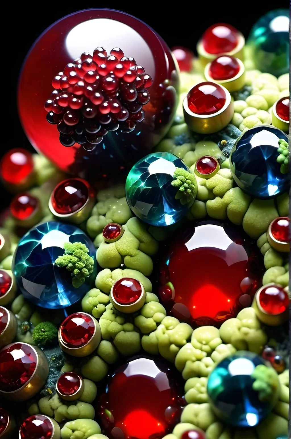 Prompt: High gloss, Prussian blue gemstones throughout foreground, deep blood red crystals, multiple high voltage lightning orbs across the background, chiaroscuro, high contrast lighting, fractal, romanesco, Phi ratio, fluorescent lime caviar,
Golden mean, lichen, forest green moss, glistening translucent berries, sunshine dew drops. 