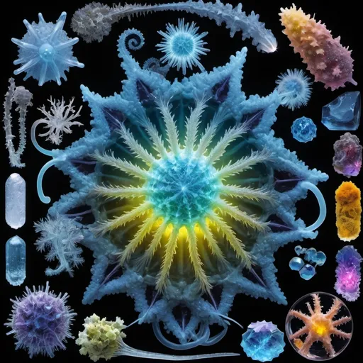 Prompt: Phi, Chiaroscuro, x-rays, Mercury pool background, Minerals glowing, Ice crystals, cilia, high voltage lightning, Taxidermy, Organ, Frost, Iridescent streams, Romanesco, Black light, fluorescent electric rainbow, Tentacles, Prussian blue, Ochre, Electrical Storm, High gloss, Translucent plant cells, Sunshine dew drops, Sacred geometry, violent chemical reactions