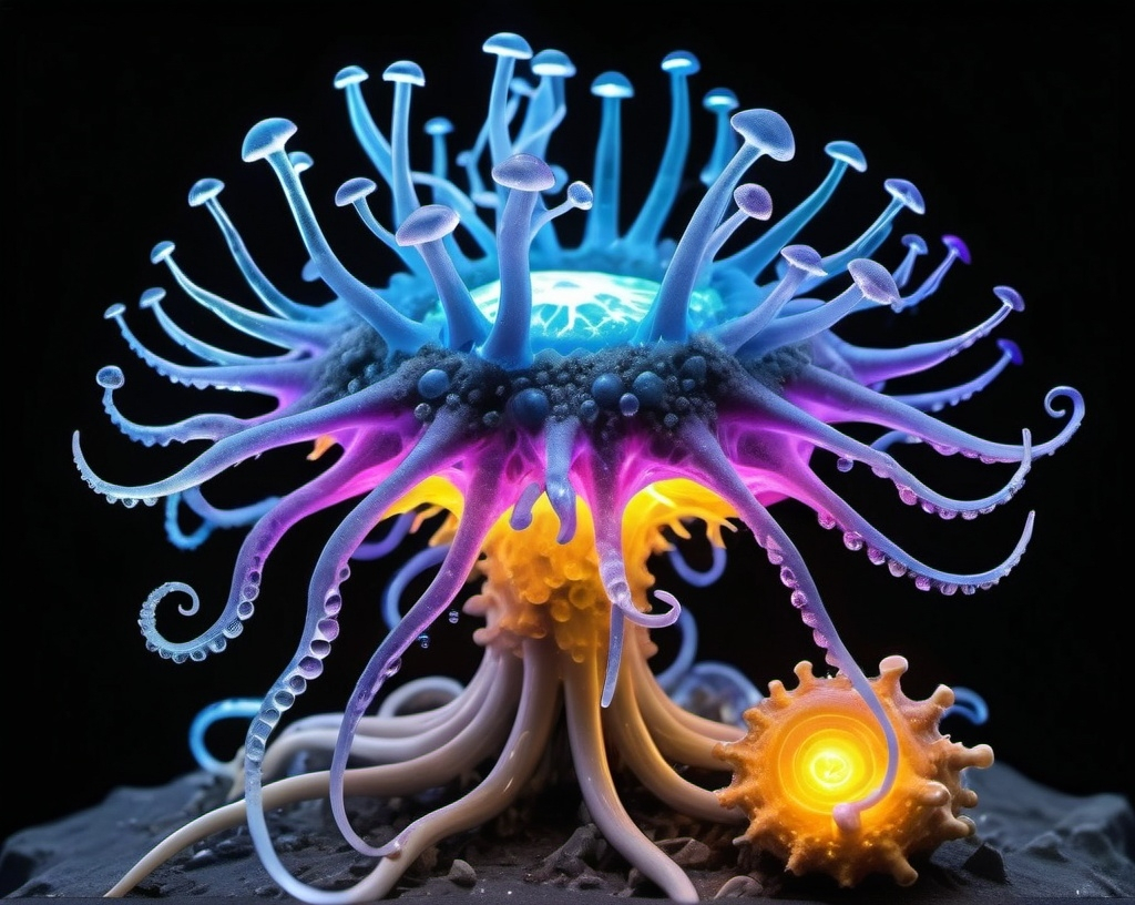 Prompt: Phi ratio, Chiaroscuro, x-rays, Mercury pool background, Minerals glowing, Ice crystals, bones or skeletons, ganglion, high voltage Tesla lightning, Frost, Iridescent streams, Romanesco, Black light, fluorescent electric rainbow, Tentacles, Prussian blue, Ochre, Electrical Storm, High gloss, Sunshine dew drops, Sacred geometry, violent chemical reactions